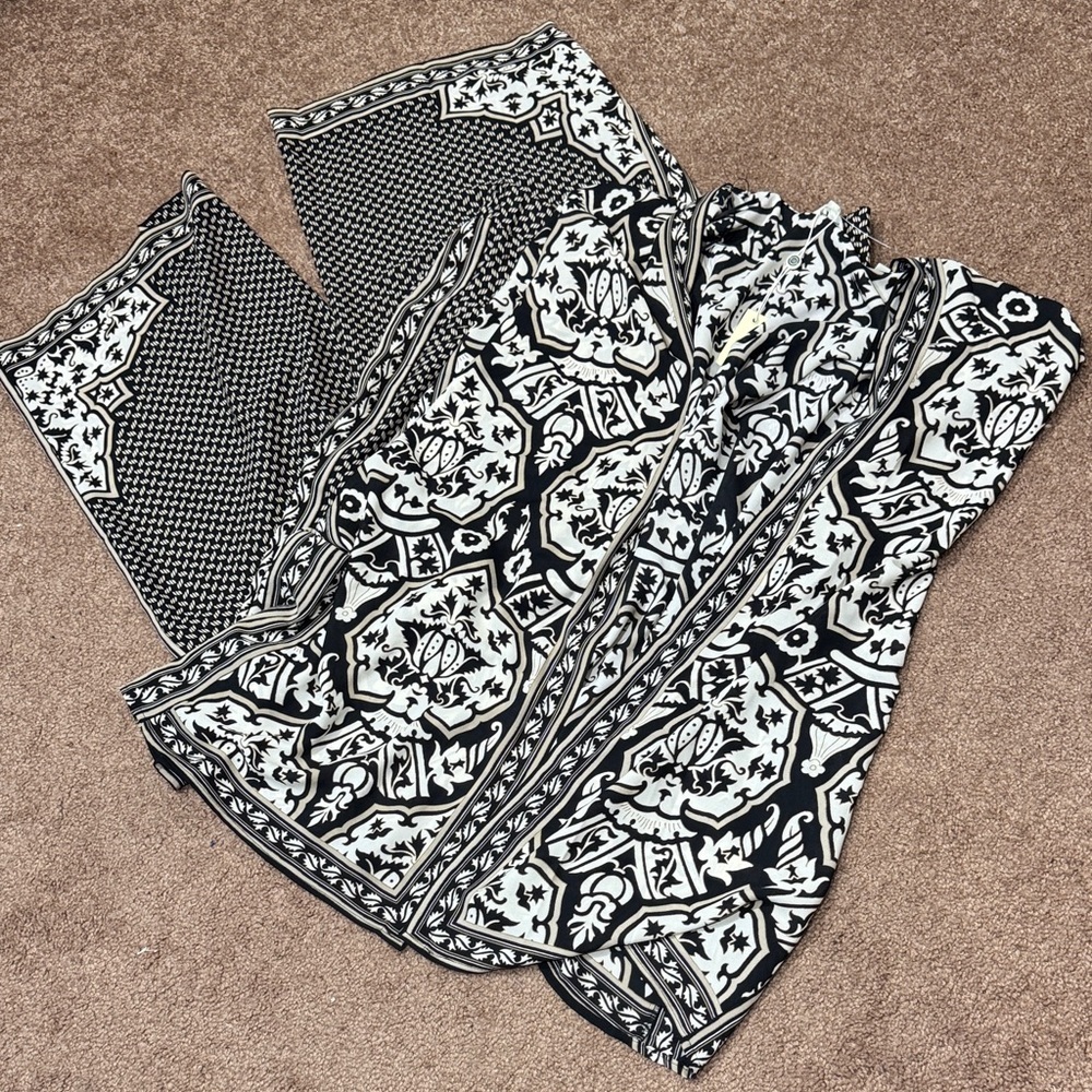 NWT Max Studio Cream/Black/Tan Medallion 2 piece set Wide-Leg Pants and Kimono - Picture 2 of 13
